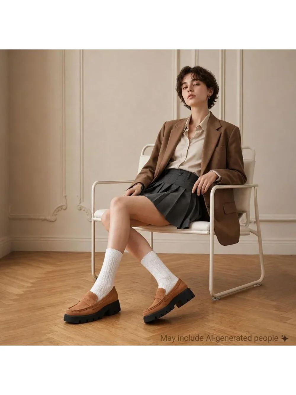 Women's Brown Round Toe Heeled Chunky Lug Sole Slip On Casual Penny Loafer Shoes
